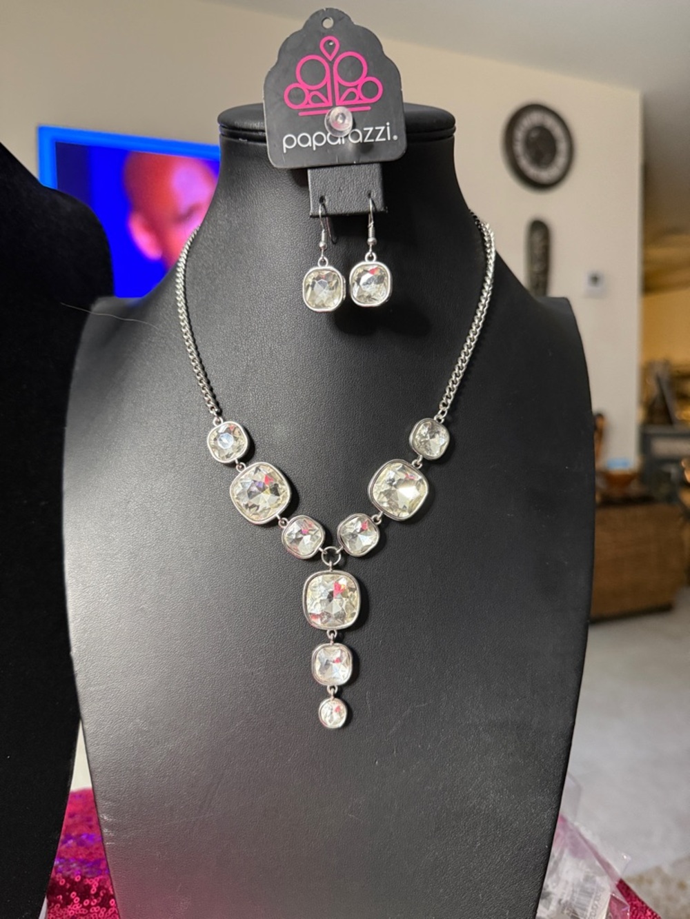 paparazzi Silver Clear Crystal Y-Drop Necklace and Earring Set